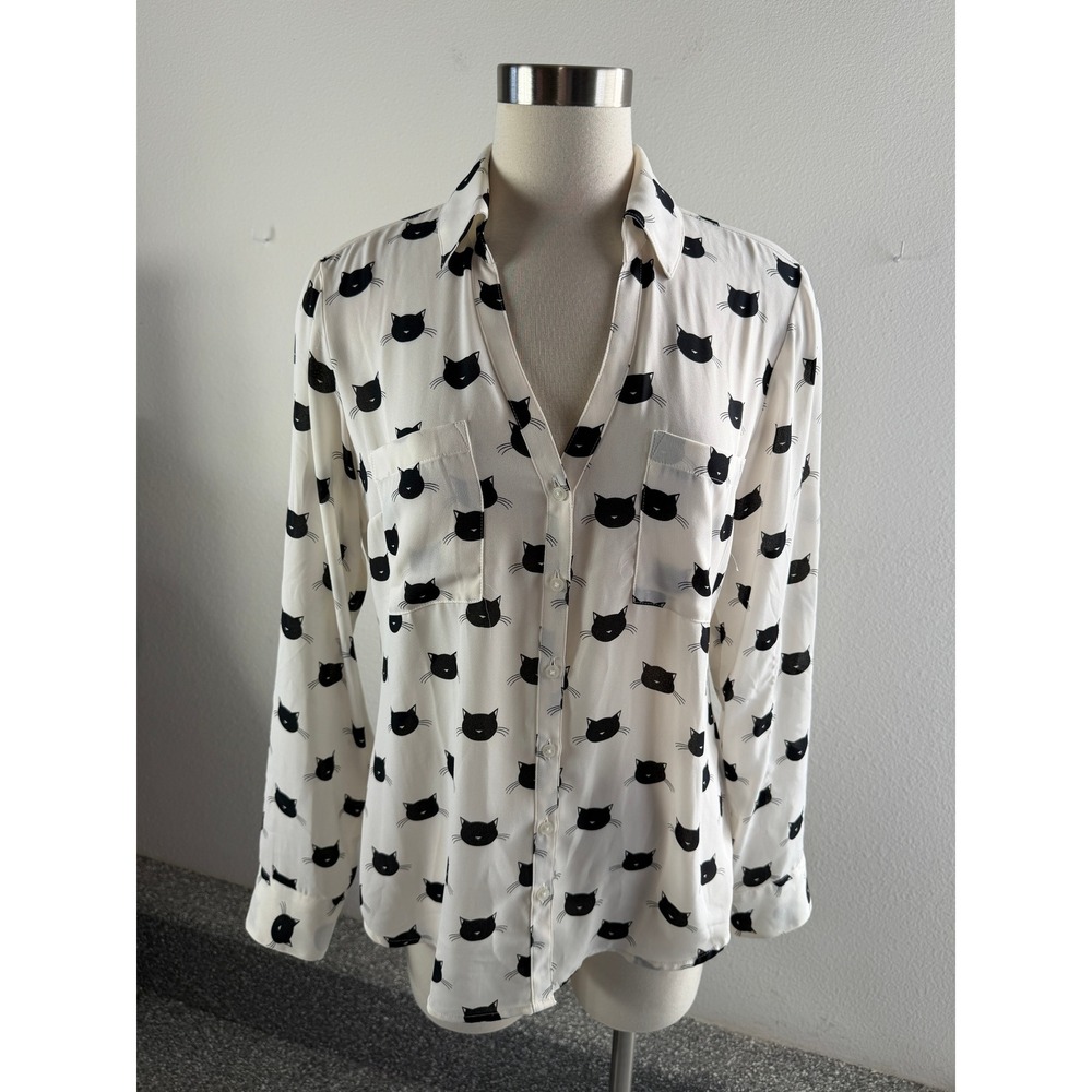 Express Womens Portofino Shirt Medium Blouse Ivory Black Cat Button Up Roll Tab
